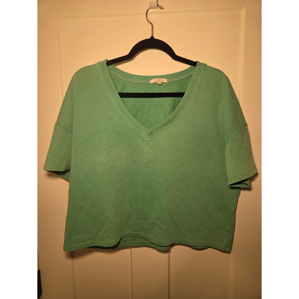 Z‎ Supply Seafoam Green V-Neck Short Sleeve Sweatshirt Boxy Crop Top Large